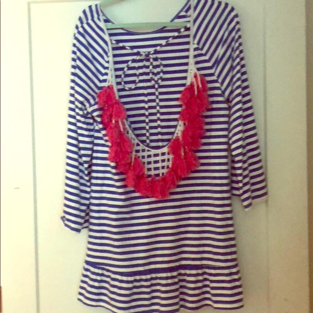 Blue and white striped dress with pink tassels